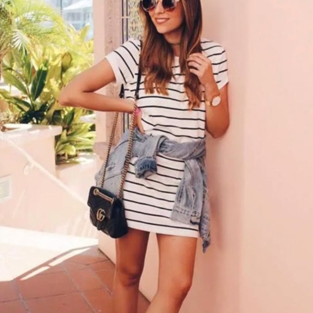 Cafe Society Black and Cream Striped Shirt Dress